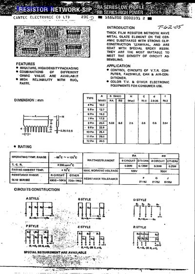Cantelec RA/RB Series Resistor Network Product Data Sheet - cover page