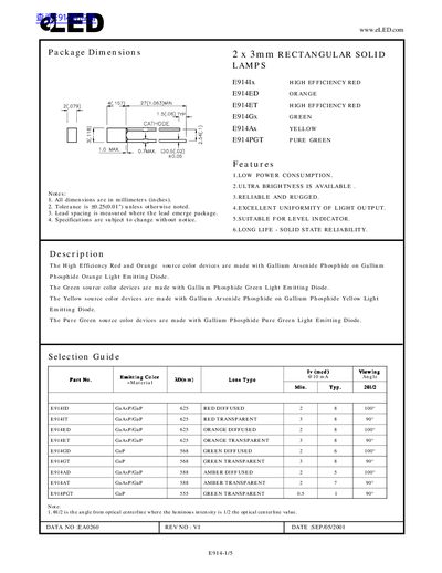 eLED E914 Series 2x3mm Rectangular Solid Lamps Datasheet - cover page