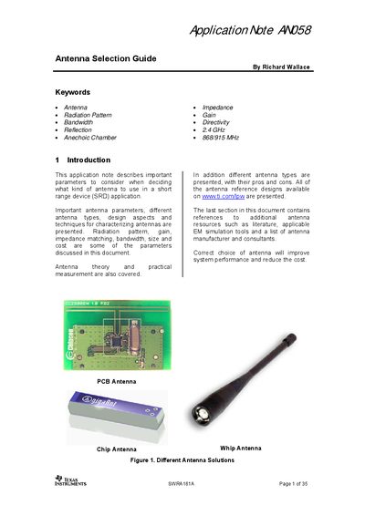 Texas Instruments AN058 Antenna Selection Guide Application Note - cover page