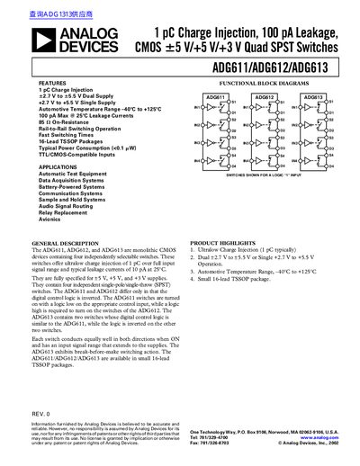 ANALOG DEVICES ADG611/ADG612/ADG613 1 pC Charge Injection 100 pA Leakage CMOS handbook - cover page