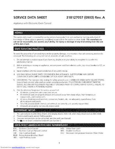 Frigidaire Gallery Series Professional Series Service Data Sheet cover