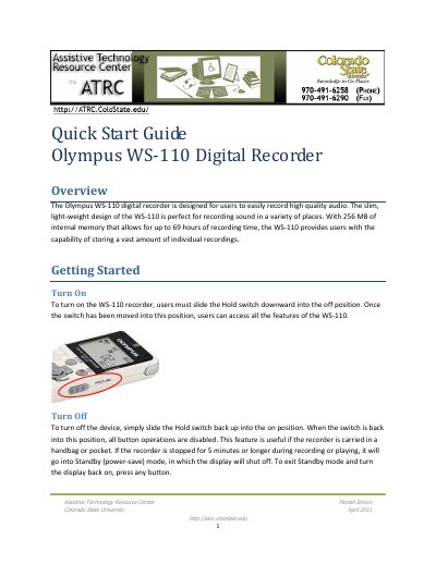 Olympus WS-110 Digital Recorder Quick Start Guide