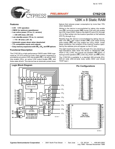Cypress CY62128 Static RAM Datasheet - cover page