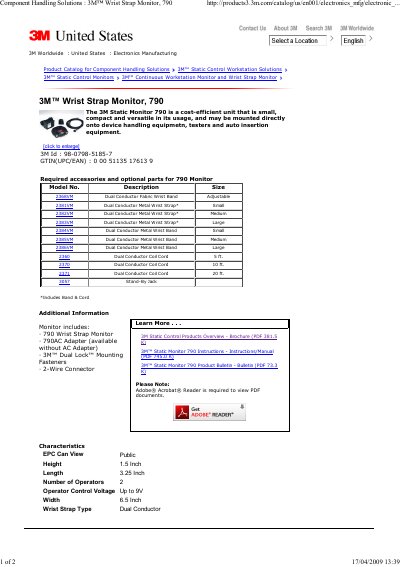 3M 790 Wrist Strap Monitor Product Bulletin - cover page