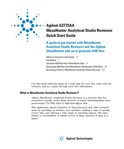 Agilent G3772AA MassHunter Analytical Studio Reviewer Quick Start Guide - cover page
