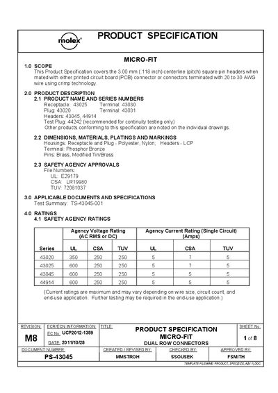 Molex Micro-Fit Dual Row Connectors Product Specification - cover page