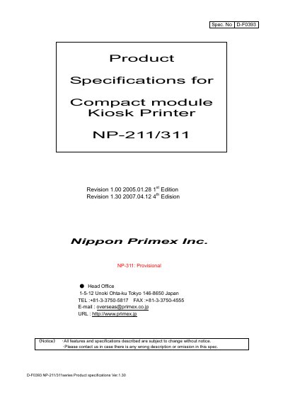 Nippon Primex NP-211/311 Compact Module Kiosk Printer Product Specifications - cover page