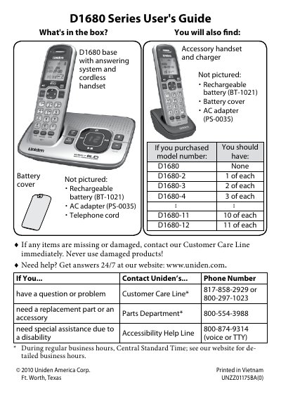 Uniden D1680 Series Cordless Phone System User's Guide - cover page