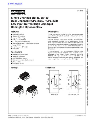 FAIRCHILD Single-Channel: 6N138 6N139 Dual-Channel: HCPL-2730 HCPL-2731 Low Input Current High Gain Split Darlington Optocouplers handbook(1)