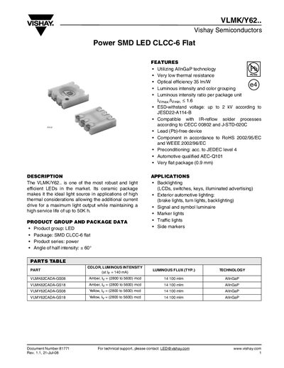 Vishay VLMK/Y62 Power SMD LED CLCC-6 Flat Datasheet - cover page