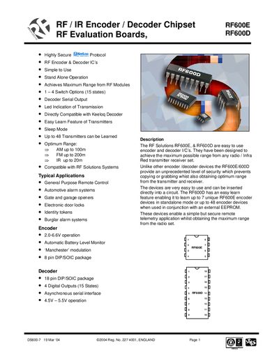 RF Solutions RF600E & RF600D Encoder/Decoder Handbook - cover page