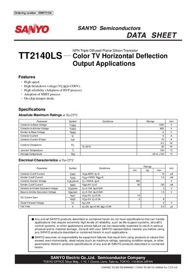 SANYO TT2140LS PNP Triple Diffused Planar Silicon Transistor Datasheet - cover page
