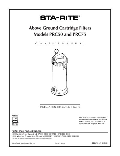Sta-Rite PRC50/PRC75 Above Ground Cartridge Filter Owner's Manual - cover page