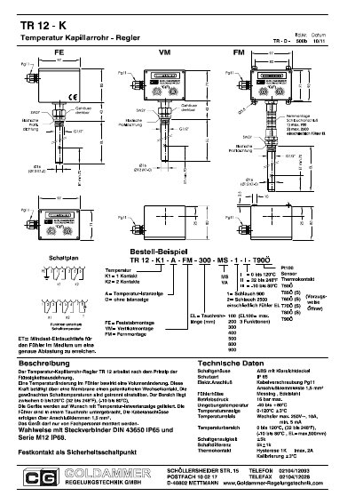 Goldammer TR 12-K Temperature Capillary Tube Controller Data Sheet - cover page