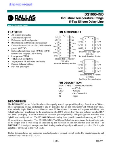 Dallas DS1000-IND Industrial Temperature Range 5‑Tap Silicon Delay Line Datasheet