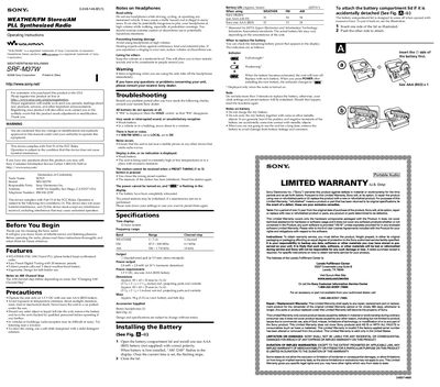 Sony SRF-M37W Weather/FM/AM Walkman User Manual - cover page
