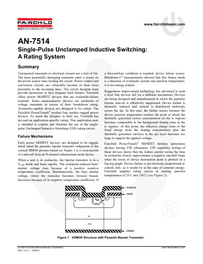 Fairchild AN-7514 Single-Pulse Unclamped Inductive Switching Rating System Application Note - cover page
