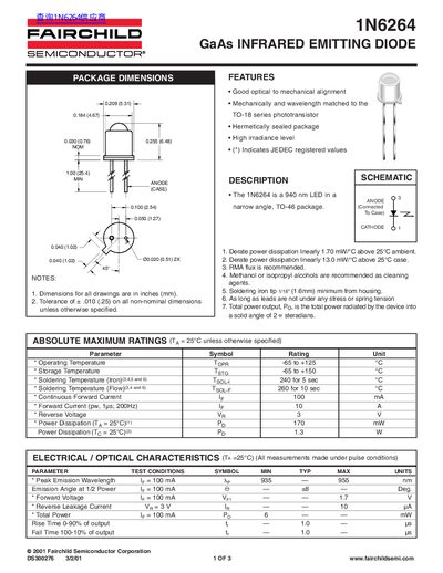 Fairchild Semiconductor 1N6264 GaAs Infrared Emitting Diode Datasheet - cover page