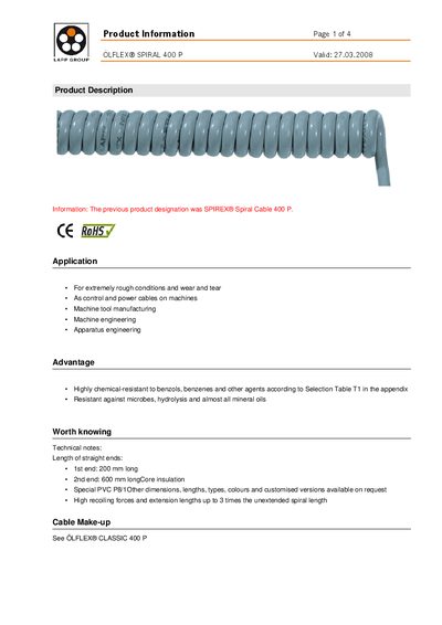 LAPP OLFLEX SPIRAL 400 P Cable Product Information Sheet - cover page