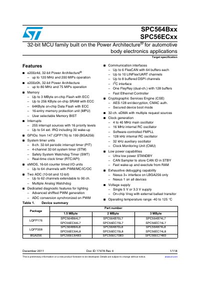 STMicroelectronics SPC564Bxx SPC56ECxx 32-bit MCU Datasheet