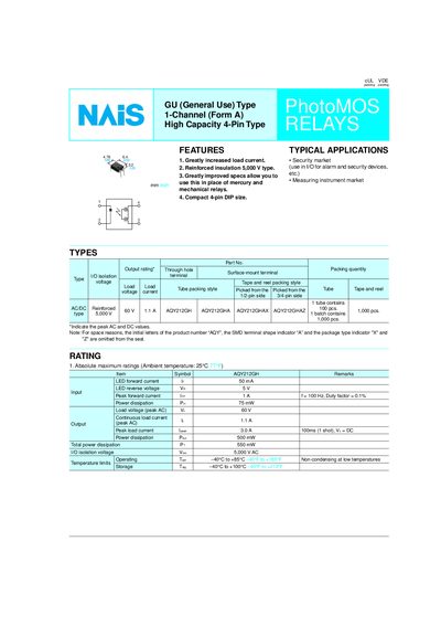 NAIS GU (General Use) Type 1-Channel (Form A) High Capacity 4-Pin Type PhotoMOS RELAYS - cover page