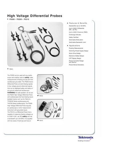 Tektronix High Voltage Differential Probes P5200.PS205.P5210 Data Sheet - cover page