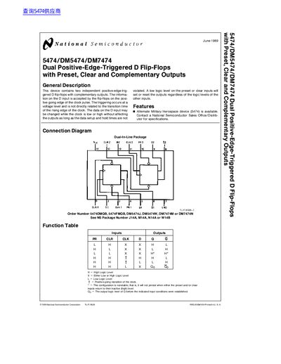 National Semiconductor 5474/DM5474/DM7474 Dual Positive-Edge-Triggered D Flip-Flops Datasheet - cover page