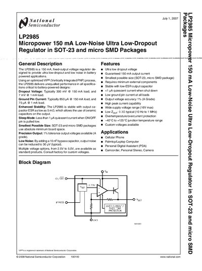 NATIONAL SEMICONDUCTOR - LP2985 Micropower 150 mA Low-Noise Ultra Low-Dropout Regulator in SOT-23 micro SMD Packages Designed for Use with Very Low ESR Output Capacitors handbook - cover page