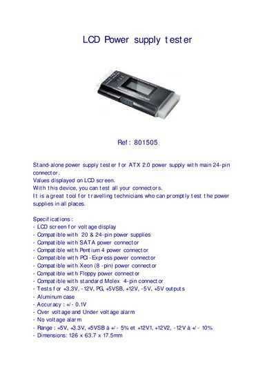 LCD Power Supply Tester 801505 User Manual - cover page