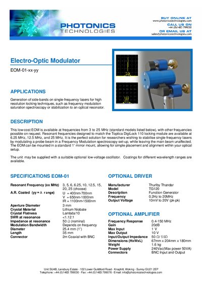 Photonic Technologies EOM-01-xx-yy Electro-Optic Modulator Product Leaflet - cover page