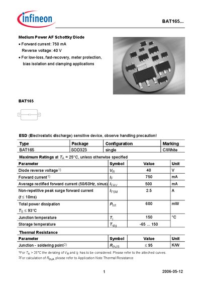 Infineon BAT165 Schottky Diode Datasheet - cover page