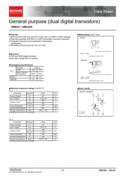 ROHM EMD22 / UMD22N Dual Digital Transistor Datasheet