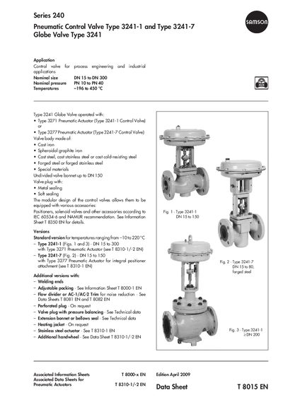 SAMSON-T 8015 Series 240 Pneumatic Control Valve Type 3241-1/3241-7 Technical Data