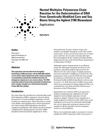 Agilent 2100 Bioanalyzer Nested Multiplex PCR for GMO Detection Application Note - cover page