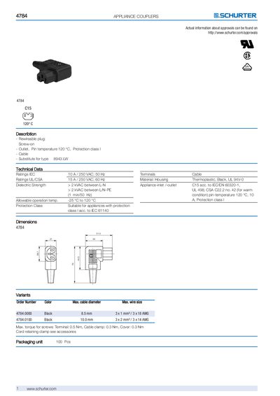 SCHURTER 4784 Appliance Couplers Product Leaflet - cover page
