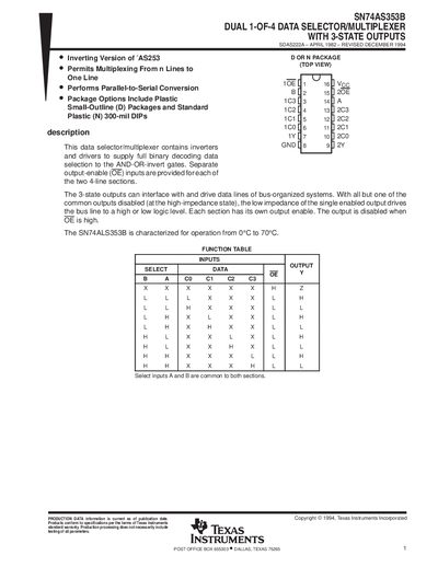TEXAS INSTRUMENTS SN74AS353B DUAL 1-OF-4 DATA SELECTOR/MULTIPLEXER WITH 3-STATE OUTPUTS handbook - cover page