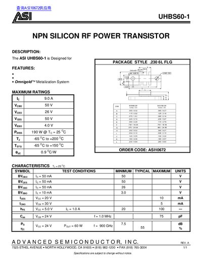 ASI UHBS60-1 NPN Silicon RF Power Transistor Datasheet - cover page