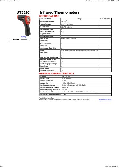 Uni-Trend UT302C Infrared Thermometer Product Leaflet - cover page