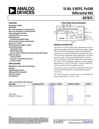 Analog Devices AD7625 16-bit 6 MSPS SAR ADC Datasheet