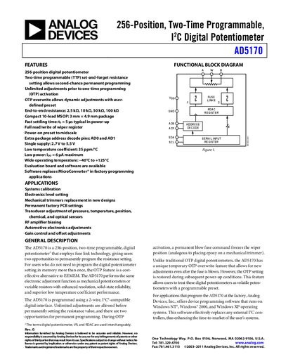 Analog Devices AD5170 Digital Potentiometer Datasheet - cover page