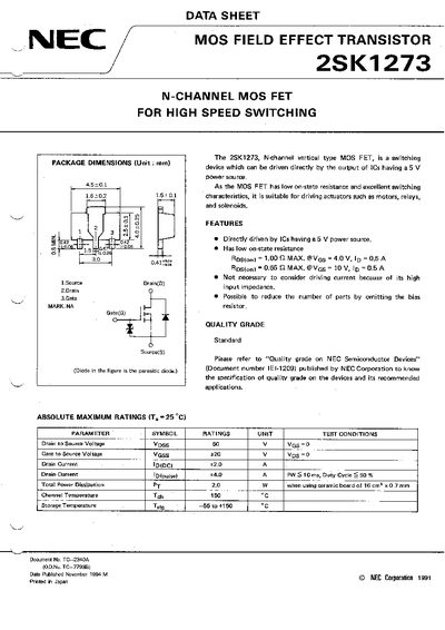 NEC 2SK1273 MOSFET Datasheet - cover page