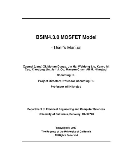 UC Berkeley BSIM4.3.0 MOSFET Model User Manual - cover page