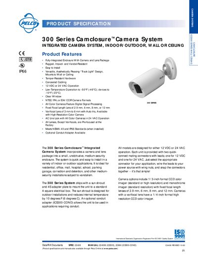 Pelco 300 Series Camclosure Camera System Product Features and Specifications - cover page