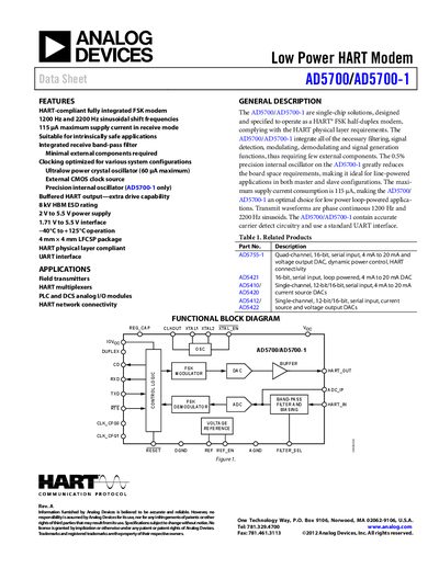 Analog Devices AD5700/AD5700-1 HART Modem Datasheet - cover page