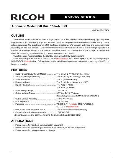 Ricoh R5326x Series Automatic Mode Shift Dual 150mA LDO Datasheet - cover page
