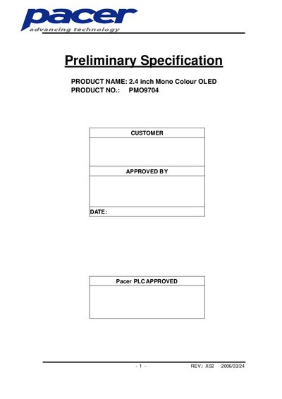 PACER Preliminary Specification PMO9704 datasheet - cover page