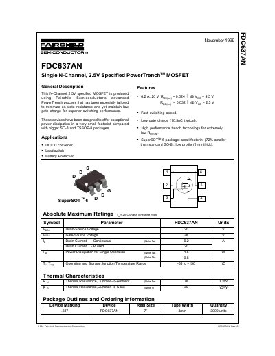 Fairchild Semiconductor FDC637AN Single N-Channel MOSFET Datasheet - cover page