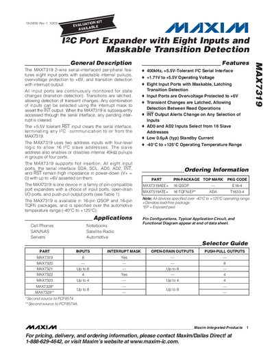 Maxim Integrated MAX7319 I2C Port Expander Datasheet - cover page