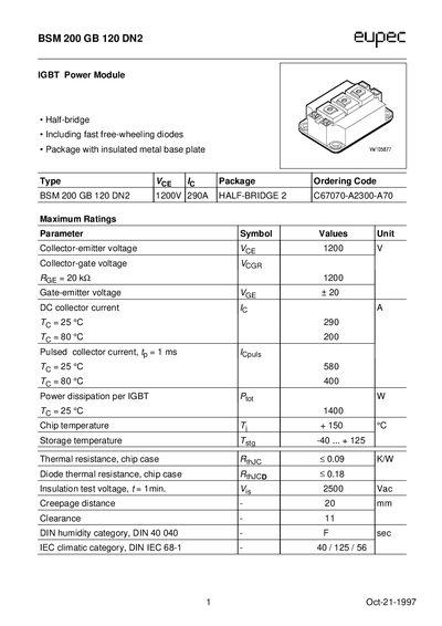 Infineon BSM200GB120DN2 IGBT Power Module Datasheet - cover page