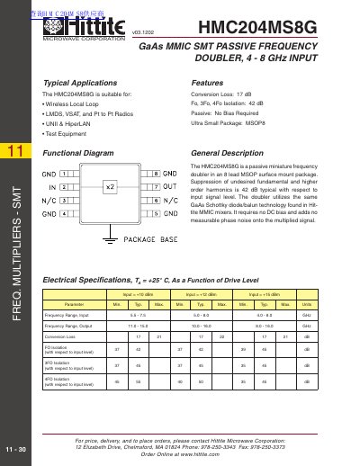 Hittite Microwave Corporation HMC204MS8G Frequency Doubler Datasheet